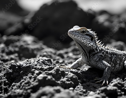 Water Dragon Lizard Crawling on Rocks in Black and White photo