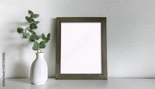 White Minimalist Picture Frame Mockup Enhancing a Modern EucalyptusAdorned Interior, Embracing Tranquility and Elegance.