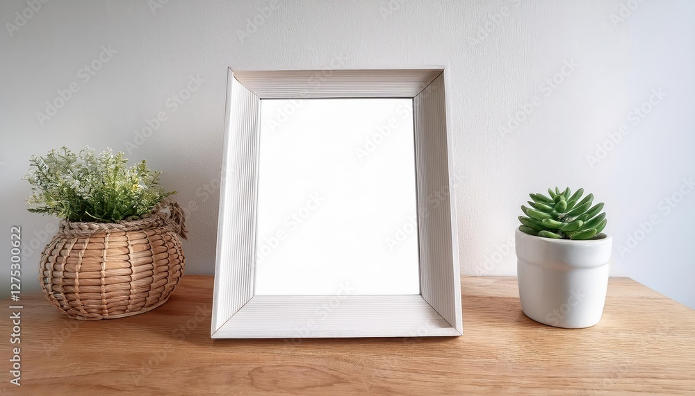 Timeless White Picture Frame Mockup Set against a Rustic Wooden Table, Showcasing the Classic Simplicity and Elegance of Interior Decor. Timeless White Picture Frame Mockup Set against a Rustic Wooden Table, Showcasing the Classic Simplicity and Elegance of Interior Decor.