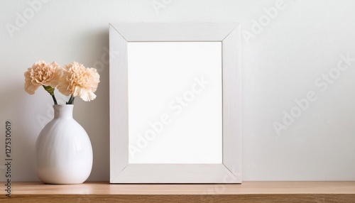 Elegant White Picture Frame Mockup Styled on a Rustic Wooden Table with a Fresh Carnationfilled Modern Ceramic Vase, Showcasing Timeless Charm Amidst a Warm and Inviting Setting.