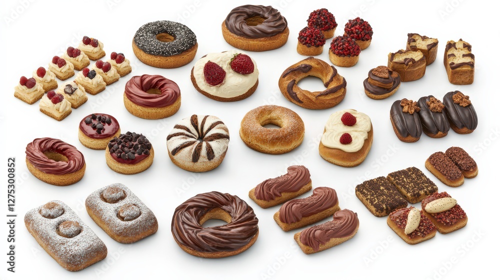 Assorted pastries and donuts arranged artistically on a white background, ideal for dessert promotion Assorted pastries and donuts arranged artistically on a white background, ideal for dessert promotion