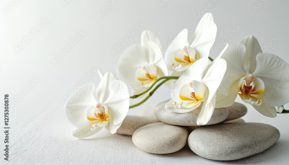 White orchids with smooth stones on textured white background. Light grey, beige colors. Spa, relaxation, serenity, zen mood. Beauty of nature. Graceful, elegant, minimalist, organic composition. White orchids with smooth stones on textured white background. Light grey, beige colors. Spa, relaxation, serenity, zen mood. Beauty of nature. Graceful, elegant, minimalist, organic composition.