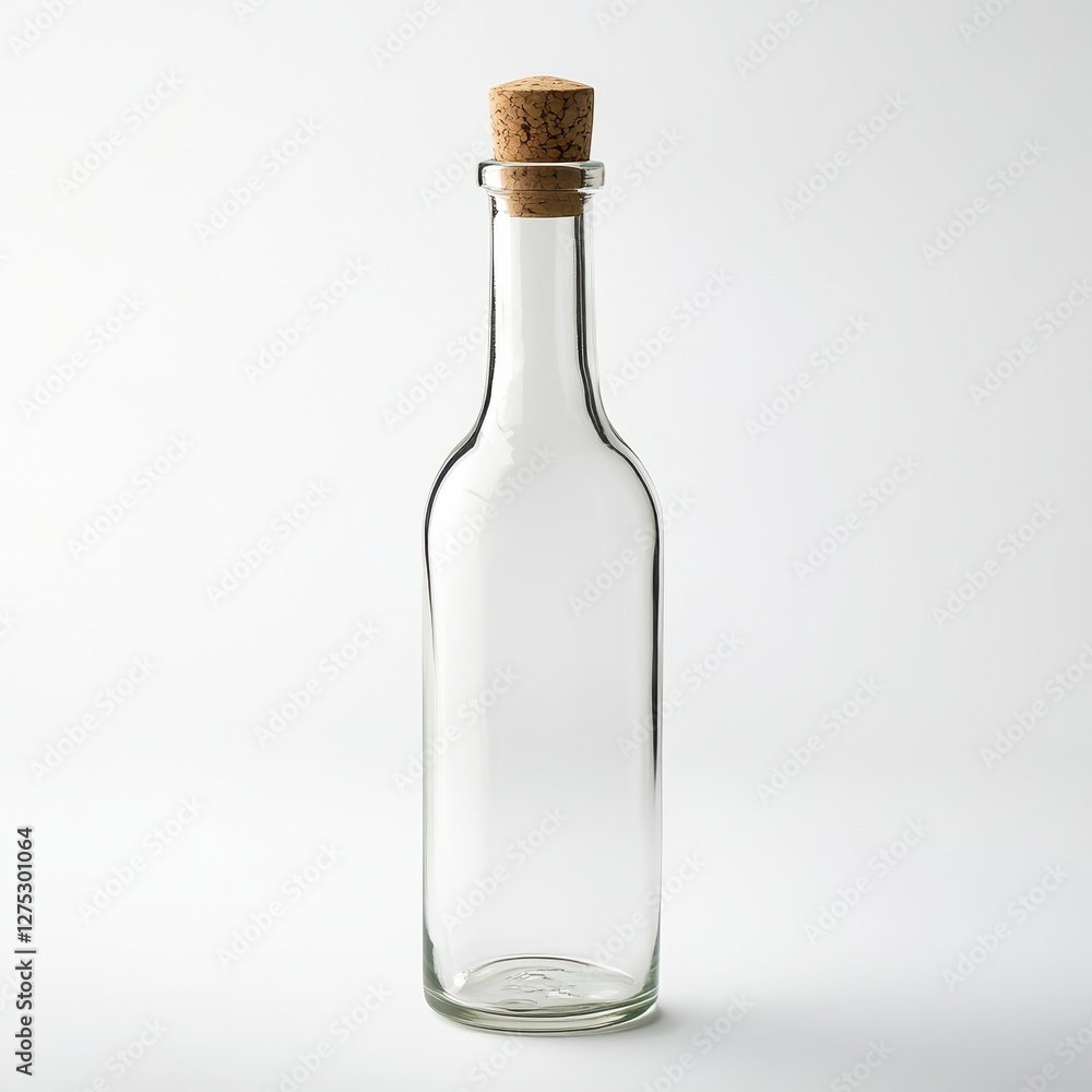 Clear Glass Bottle with Cork Stopper on White Background Simple Still Life Clear Glass Bottle with Cork Stopper on White Background Simple Still Life