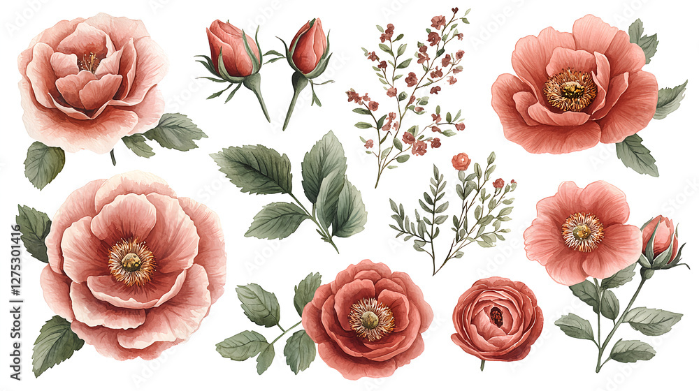Elegant floral collection featuring peonies and buds Elegant floral collection featuring peonies and buds