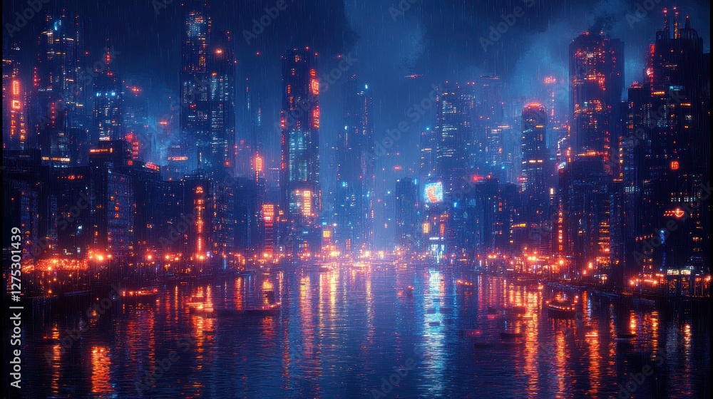 Fototapeta premium Cyberpunk City Nightscape, Rain, River, Boats, Future