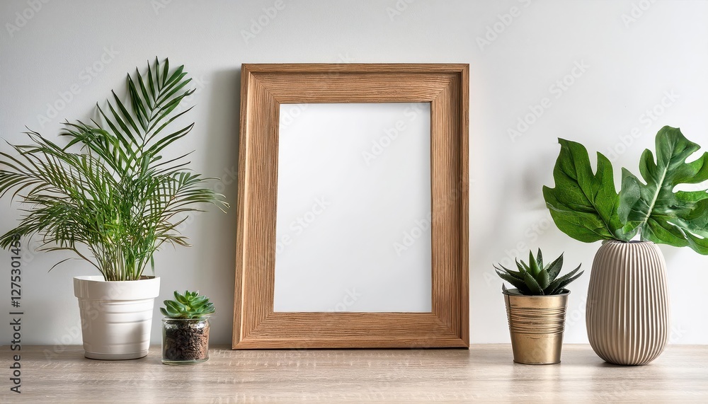 Wooden Frame Mockup Showcasing Trendy Botanical Decor in a Bright White Interior, Offering Space for Artwork Amidst an Invigorating Atmosphere of Elegance and Natures Charm Wooden Frame Mockup Showcasing Trendy Botanical Decor in a Bright White Interior, Offering Space for Artwork Amidst an Invigorating Atmosphere of Elegance and Natures Charm
