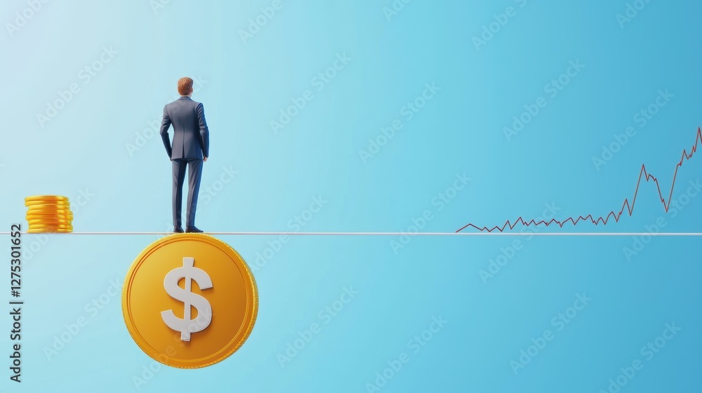 Risk vs reward balance, businessman standing on a financial tightrope, golden coins on one side, stock market graphs on the other, 3D illustration Risk vs reward balance, businessman standing on a financial tightrope, golden coins on one side, stock market graphs on the other, 3D illustration