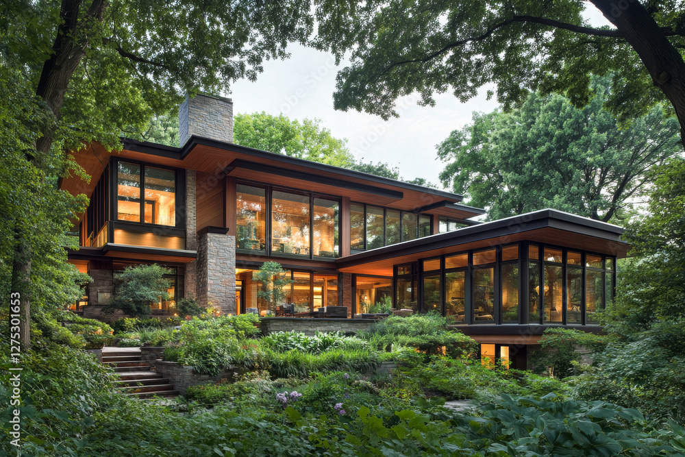 Modern house surrounded by lush greenery at twilight in a serene neighborhood Modern house surrounded by lush greenery at twilight in a serene neighborhood