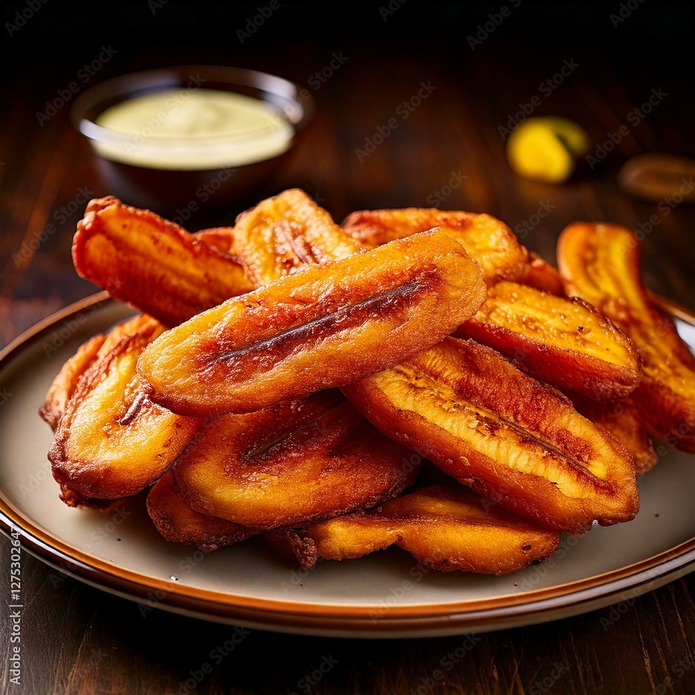 A plate of golden, crispy fried bananas with a crunchy coating, served hot and fresh, with soft lighting highlighting the texture and rich color