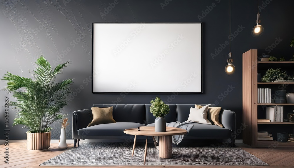 Striking 3D Render of a Poster Frame Gallery Mockup Set Against a Dark Home Interior Backdrop, Eliciting a Modern and Minimalist Ambiance with HighQuality Textures. Striking 3D Render of a Poster Frame Gallery Mockup Set Against a Dark Home Interior Backdrop, Eliciting a Modern and Minimalist Ambiance with HighQuality Textures.