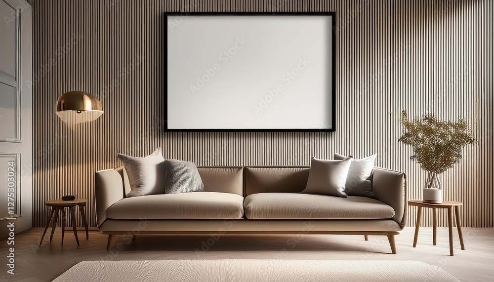 Modern Mockup Poster Frame Above a Sophisticated Sofa in an Elegant Room Interior, Radiating an Air of Luxury and Style. Modern Mockup Poster Frame Above a Sophisticated Sofa in an Elegant Room Interior, Radiating an Air of Luxury and Style.