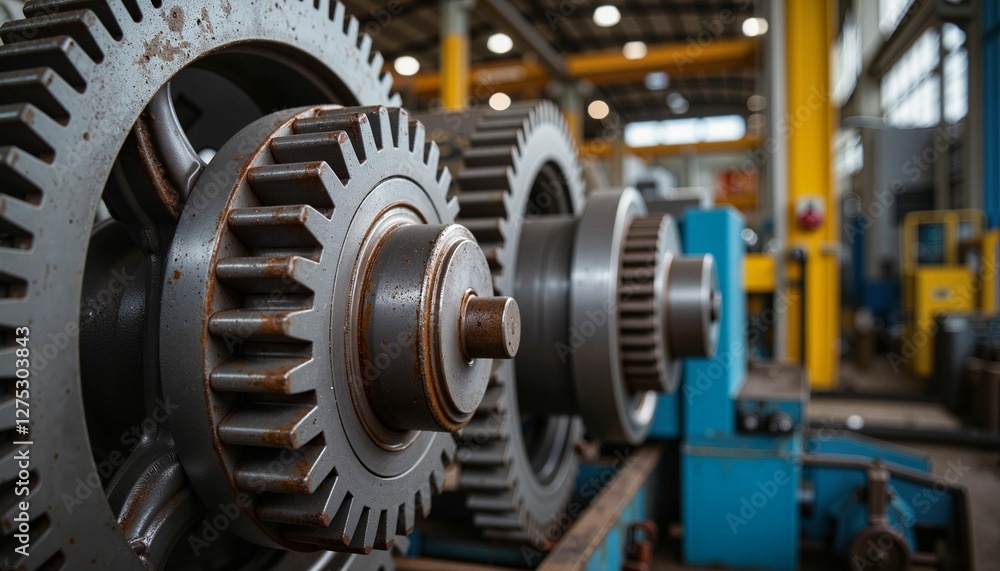 Fototapeta premium Large industrial gears in a manufacturing facility showcasing machinery and tools during daylight hours