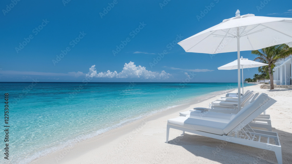 Fototapeta premium serene oceanfront resort with white lounge chairs and umbrellas on pristine sandy beach, overlooking clear blue sea under bright sky