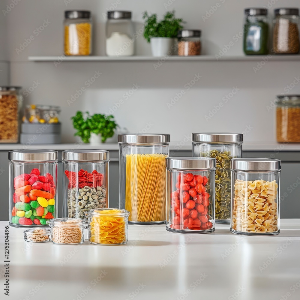 Glass Canisters with Silver Lids Filled with Pasta and Candies on White Countertop Glass Canisters with Silver Lids Filled with Pasta and Candies on White Countertop
