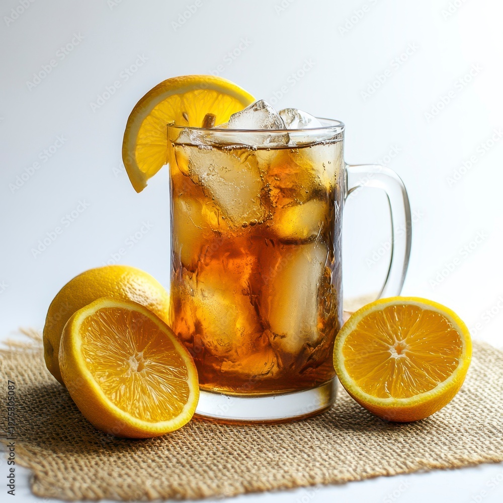 Iced Tea with Lemon Slices in Glass on Burlap Against White Background Iced Tea with Lemon Slices in Glass on Burlap Against White Background