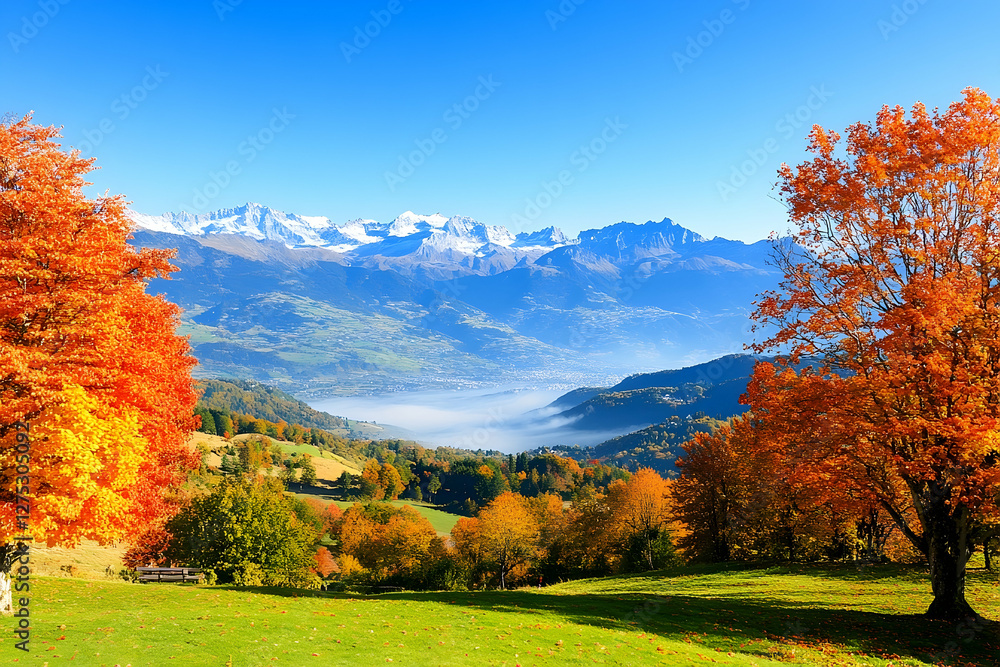 Autumnal alpine valley panorama, misty morning Autumnal alpine valley panorama, misty morning