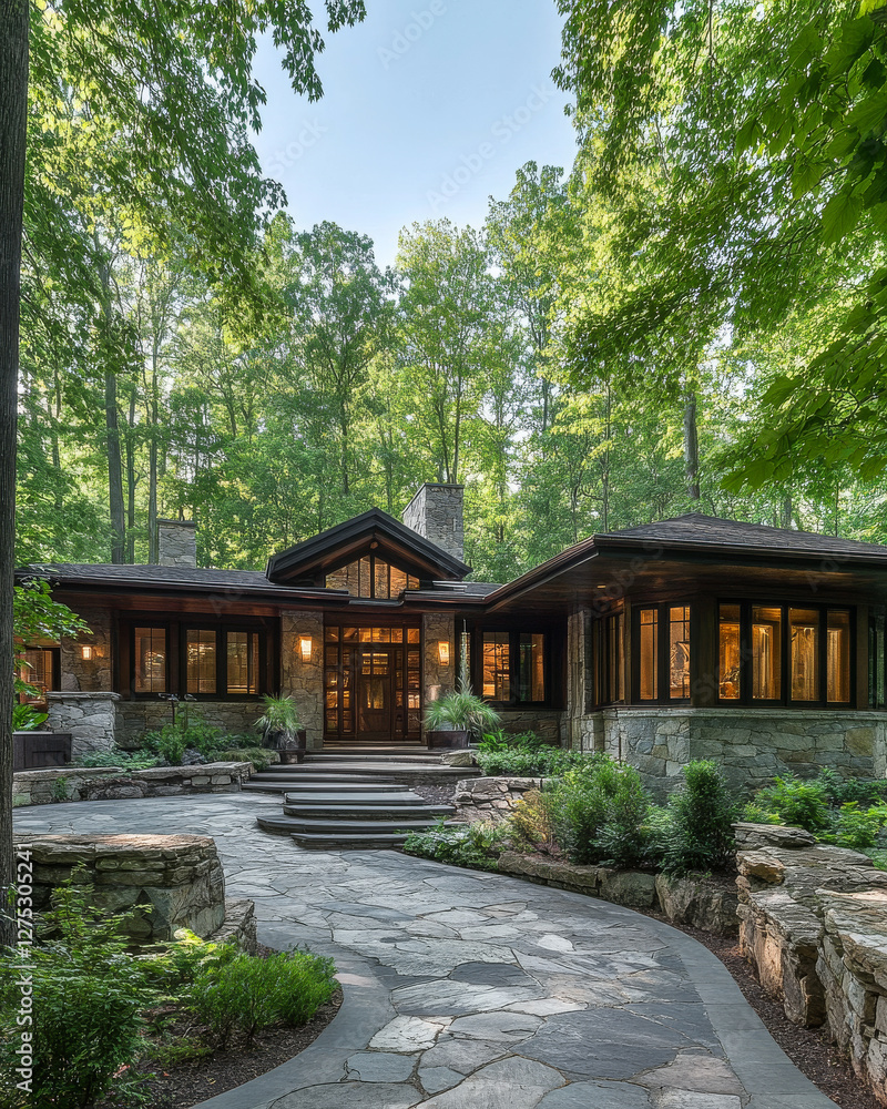 Elegant modern house surrounded by lush greenery and trees in a tranquil setting Elegant modern house surrounded by lush greenery and trees in a tranquil setting