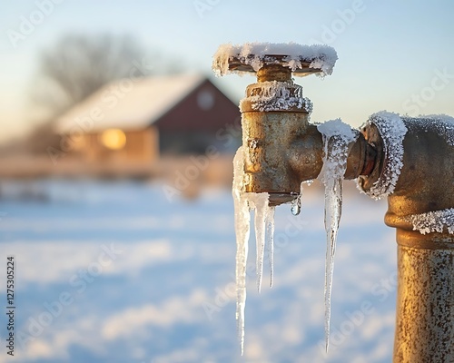 Frozen outdoor faucet in winter