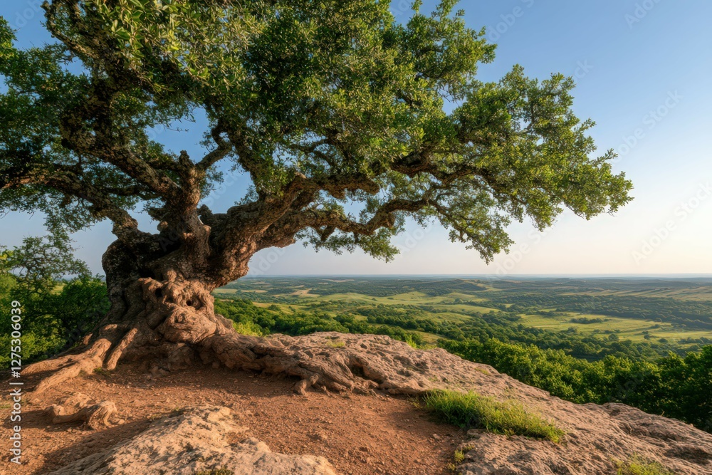 Ancient Tree on a Hilltop Overlooking a Lush Valley at Sunrise Ancient Tree on a Hilltop Overlooking a Lush Valley at Sunrise