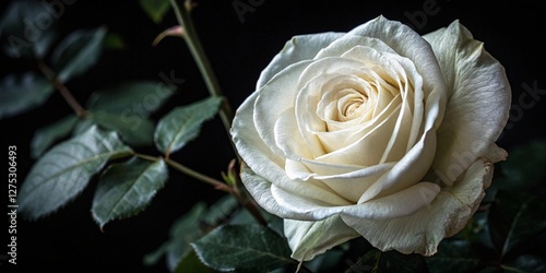 A pristine white rose surrounded by lush green foliage.