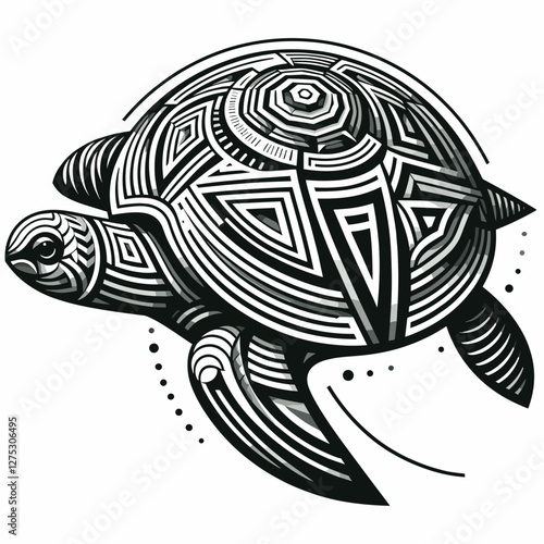 Artistic black and white turtle design with intricate patterns on a simple white background, concept