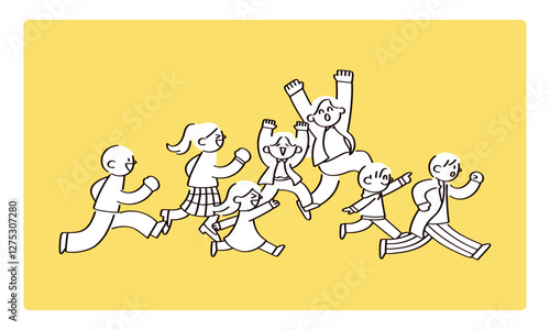 同じ方向に走る人たちのイラスト