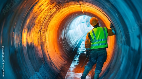 worker inspecting large industrial pipe photo