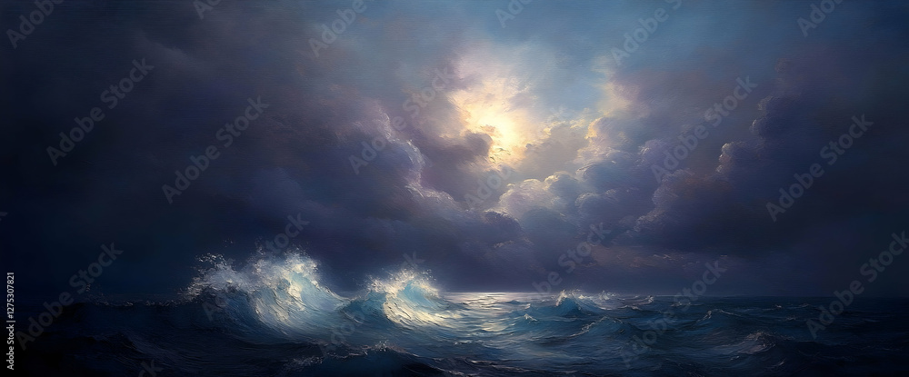 Obraz premium Dramatic ocean waves under stormy sky; sunlight breaks through clouds; peaceful background; perfect for travel/nature themes