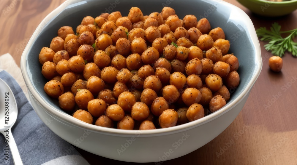 Appetizing Bowl of Roasted Chickpeas with Seasoning and Fresh Herbs on a Wooden Surface Appetizing Bowl of Roasted Chickpeas with Seasoning and Fresh Herbs on a Wooden Surface