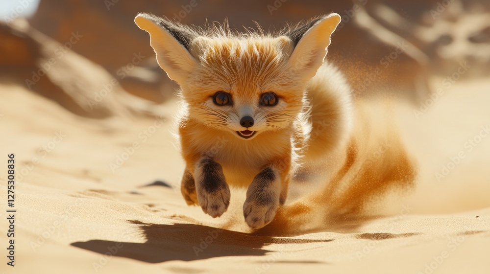 Fototapeta premium Desert Fennec Fox Kit Running, Dunes, Sunrise, Wildlife