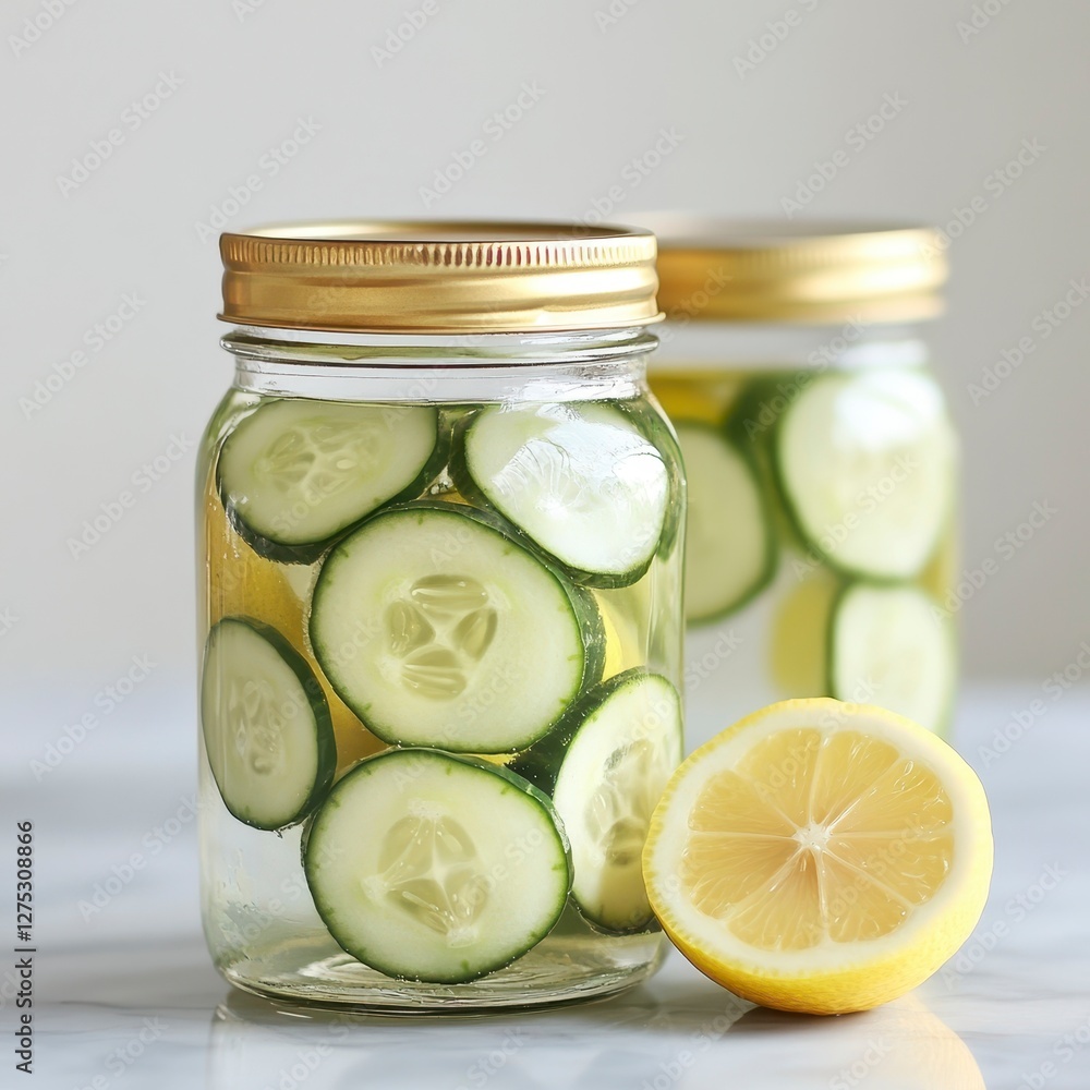 Two Jars with Cucumber Lemon Infused Water Next to a Lemon on a Marble Surface Two Jars with Cucumber Lemon Infused Water Next to a Lemon on a Marble Surface