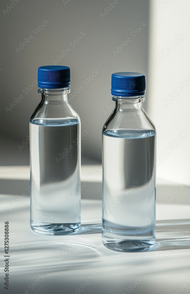 Two Small Clear Glass Bottles with Blue Caps on White Background Two Small Clear Glass Bottles with Blue Caps on White Background