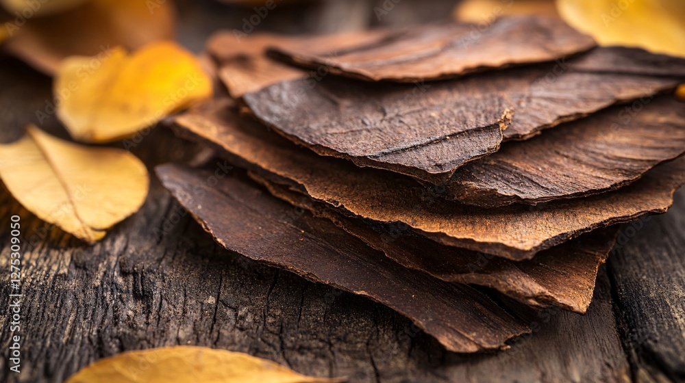 Natural Texture of Dried Leaves and Bark on Wooden Background Natural Texture of Dried Leaves and Bark on Wooden Background