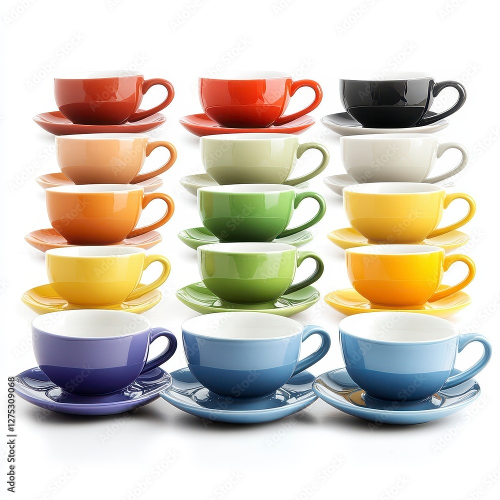Vibrant Ceramic Coffee Cups and Saucers Arranged in a Colorful Display on White Background Vibrant Ceramic Coffee Cups and Saucers Arranged in a Colorful Display on White Background