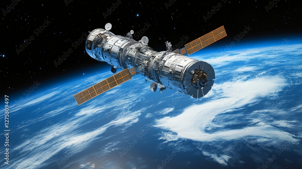 Fototapeta premium Spacecraft Orbiting Earth with Solar Panels and Blue Atmosphere