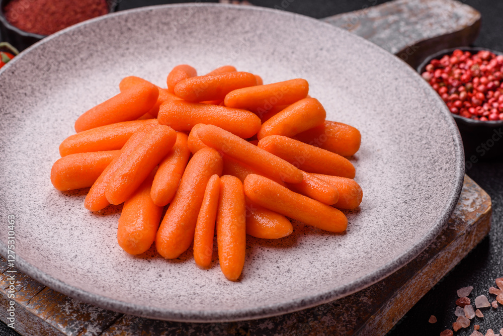 Raw peeled mini baby carrots as an ingredient for preparing a vegetarian food