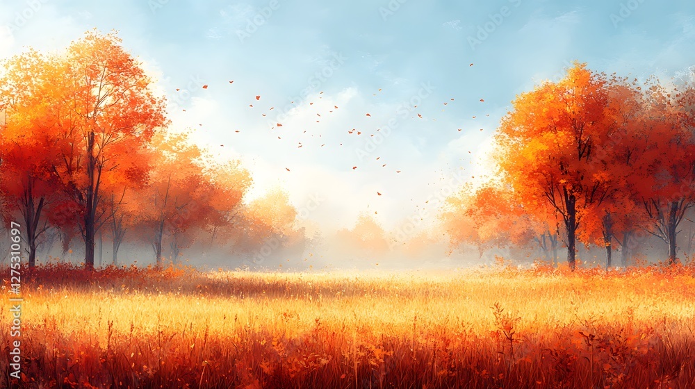Serene Autumn Landscape With Golden Fields and Vibrant Foliage Under Blue Sky Serene Autumn Landscape With Golden Fields and Vibrant Foliage Under Blue Sky