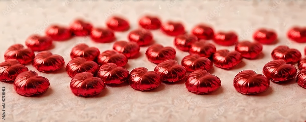 Artful Display of Red Foil Heart Chocolates on a Light Surface Artful Display of Red Foil Heart Chocolates on a Light Surface