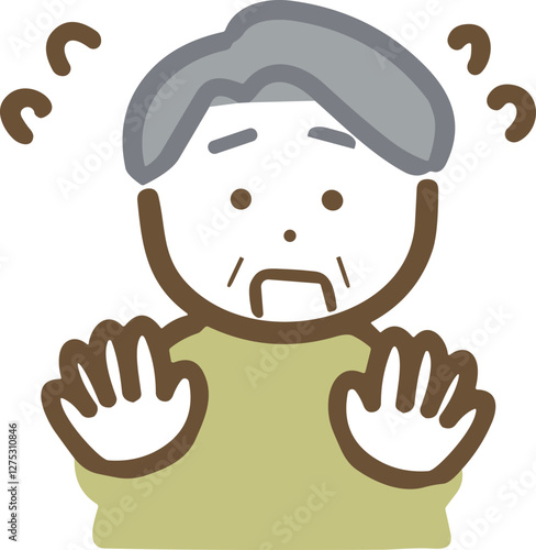 困った顔でストップをかけるシニア男性(上半身)