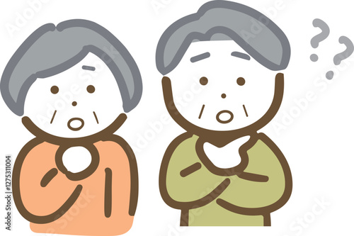 はてなマークと悩んでいるシニア夫婦(上半身)