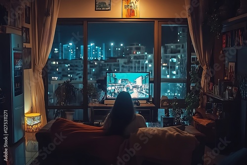 Woman watching TV at night with city view photo