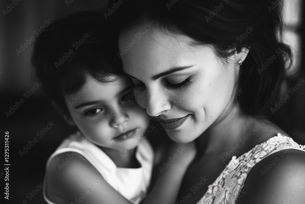 Fototapeta premium A beautiful young mother holds her child in her arms, standing at the window of the house. A cute Little Toddler is relaxing in his mother's arms as she shows him the busy streets of the city.