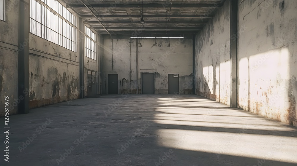 empty industrial warehouse space with sunlight streaming through empty industrial warehouse space with sunlight streaming through