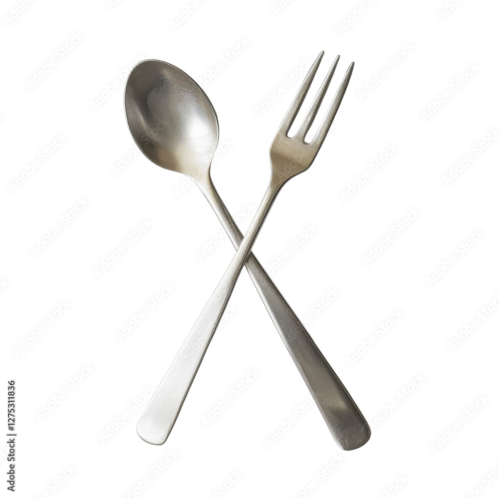 Silver Spoon and Fork Crossed on a White Background Silver Spoon and Fork Crossed on a White Background