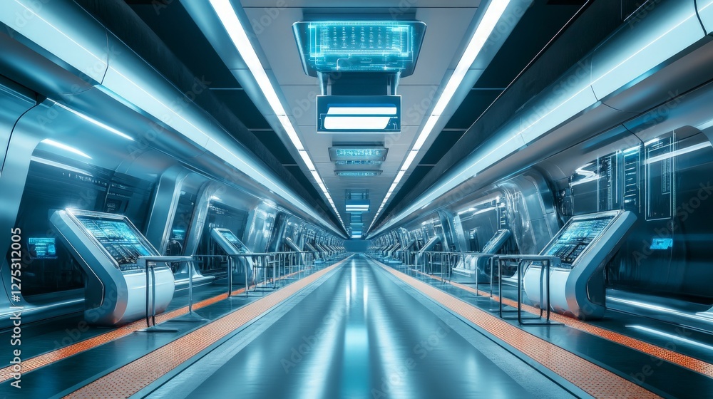 Obraz premium Futuristic Subway Station Interior with Sleek Design and Neon Lights