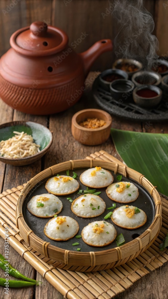 Rustic Wooden Table Showcasing Kanom Krok with Condiments and Teapot Rustic Wooden Table Showcasing Kanom Krok with Condiments and Teapot