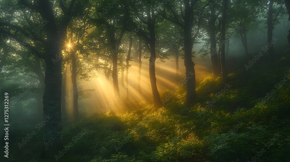 Fototapeta premium Sunrays Filter Through Forest Trees in a Serene Woodland Morning creating a peaceful and magical ambiance