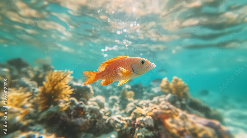 Naklejka premium Orange and White Fish Swimming Over Vibrant Coral Reef in Sunlit Turquoise Water