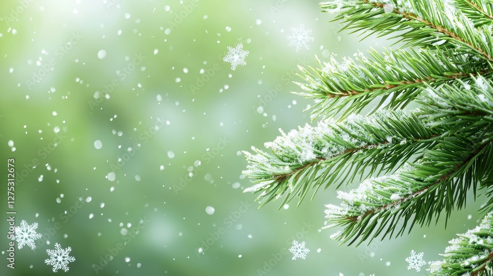 Snowflakes falling gently on a close-up of evergreen branches, peaceful and detailed Snowflakes falling gently on a close-up of evergreen branches, peaceful and detailed