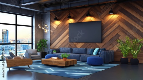 Textured interior accent wall with wooden paneling and industrial lighting, modern aesthetic